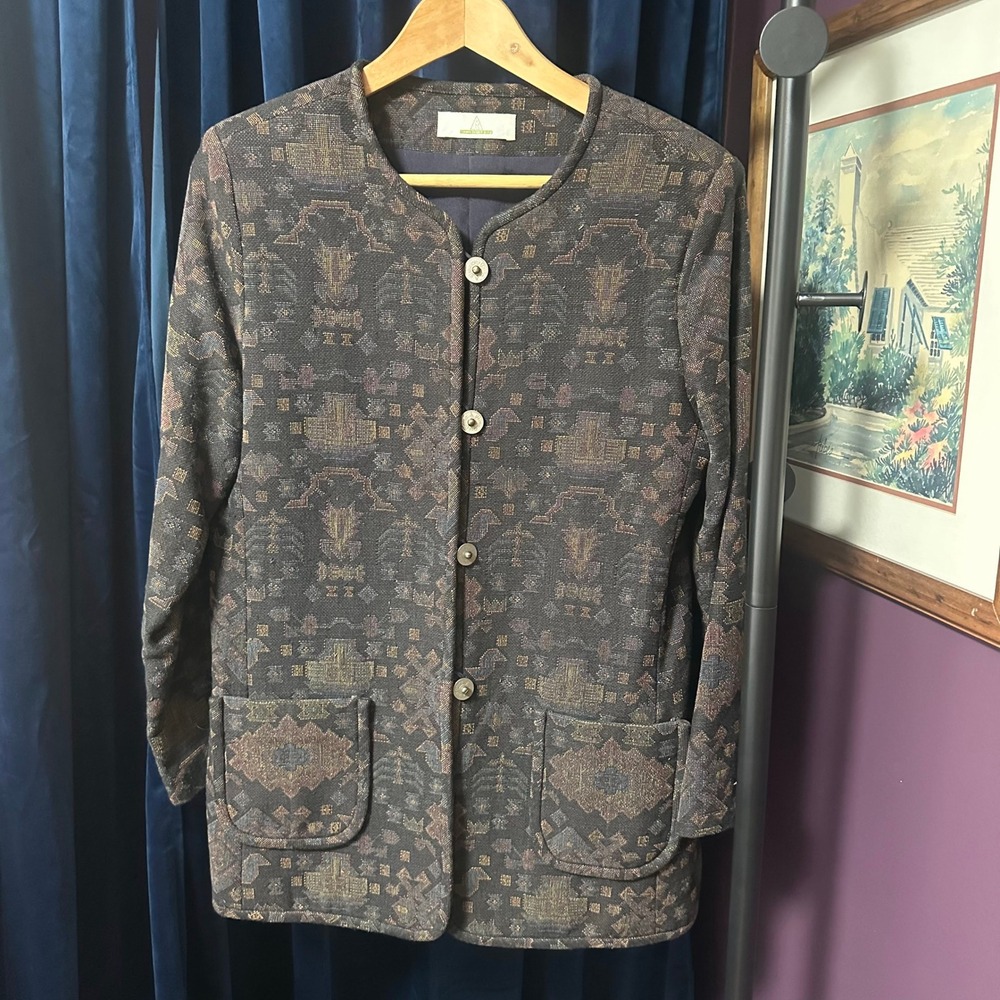 Vintage 90s Tapestry Jacket Coin Buttons Longline Boho Southwestern Blazer